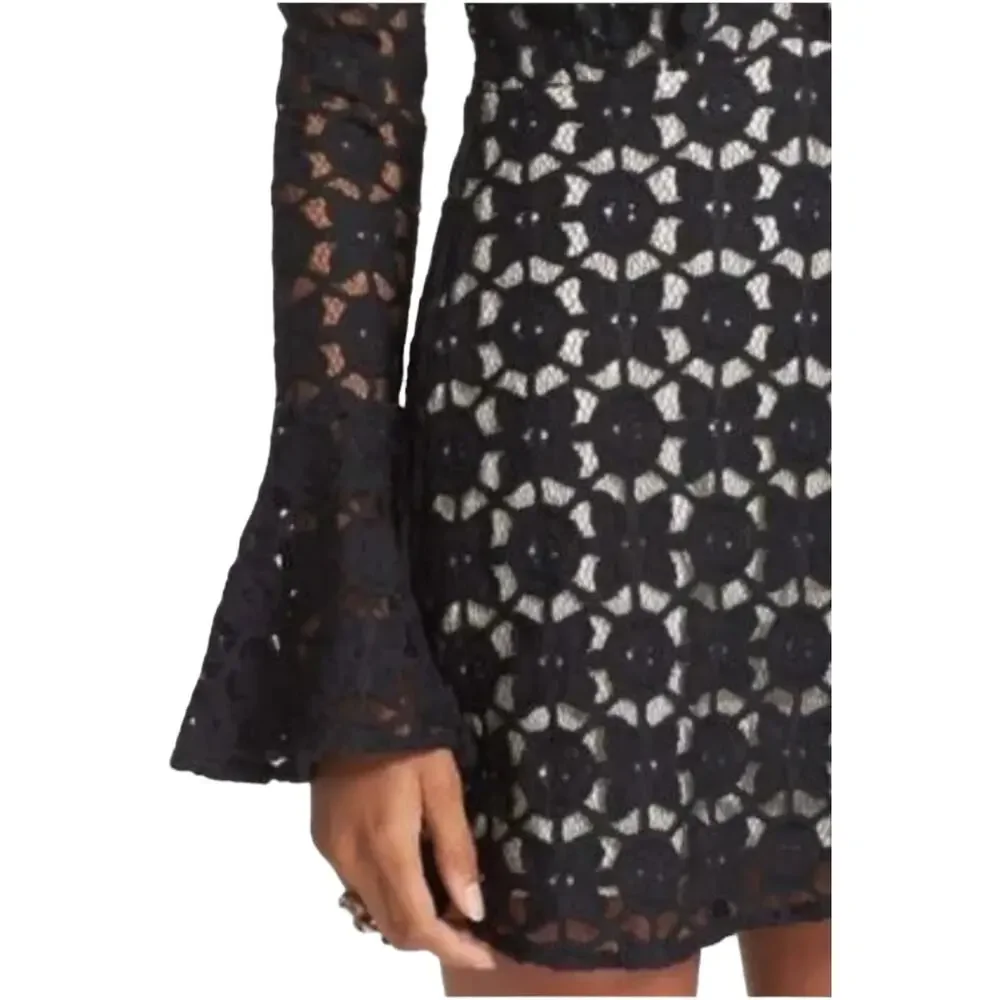 NWOTFree People Back To Black Black Crochet Mini Bell Sleeve Boho Dress Med or 6